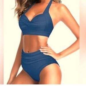Blue High-Waist Halter Bikini Set
